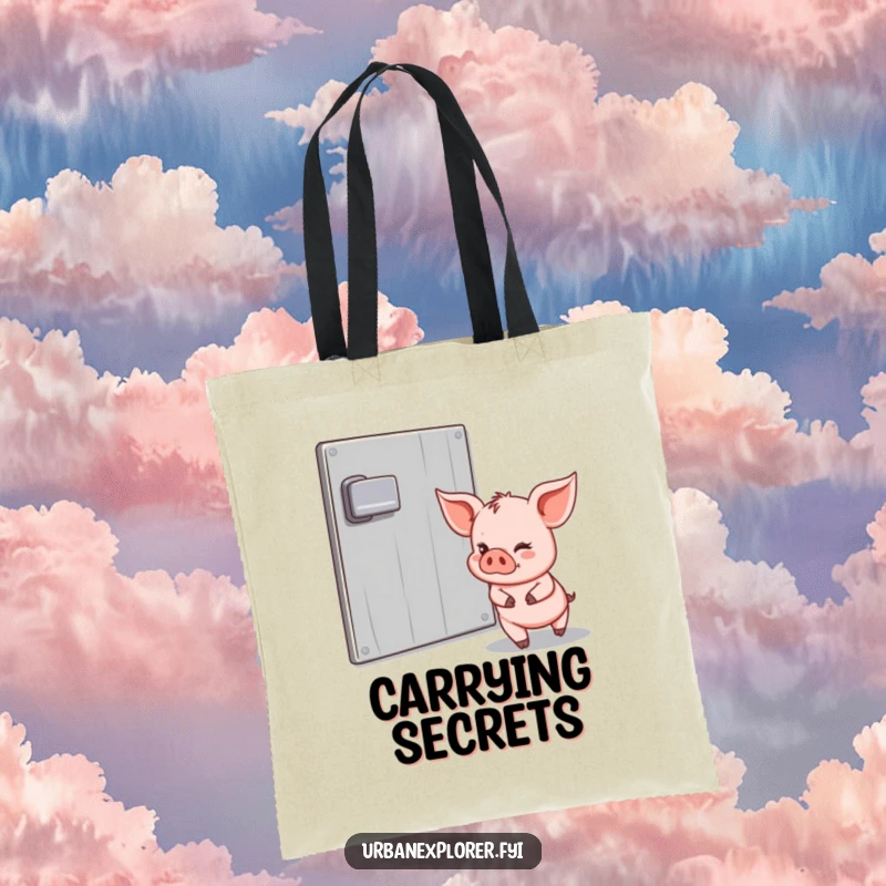 Funny Piglet Tote Bag: Piglet tiptoeing past a padlocked door with a wink, representing playful mischief and daring exploration, ideal for daily use.