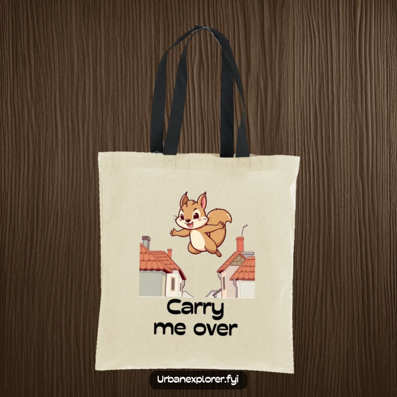 Funny tote bag featuring a determined squirrel leaping between rooftops, a humorous and practical accessory.