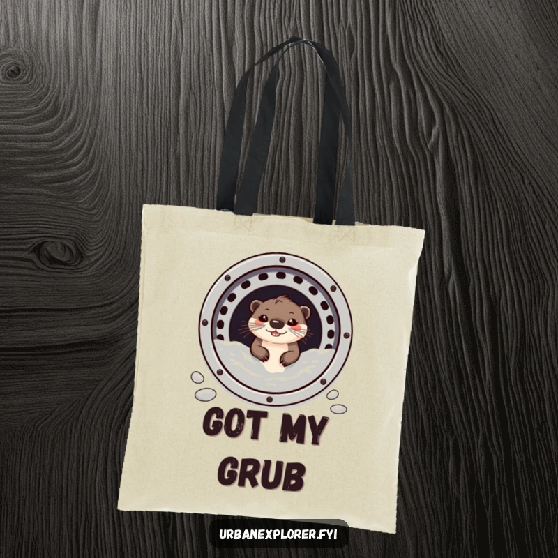 Funny otter grinning, peeking out from a sewer grate, on a durable tote bag.