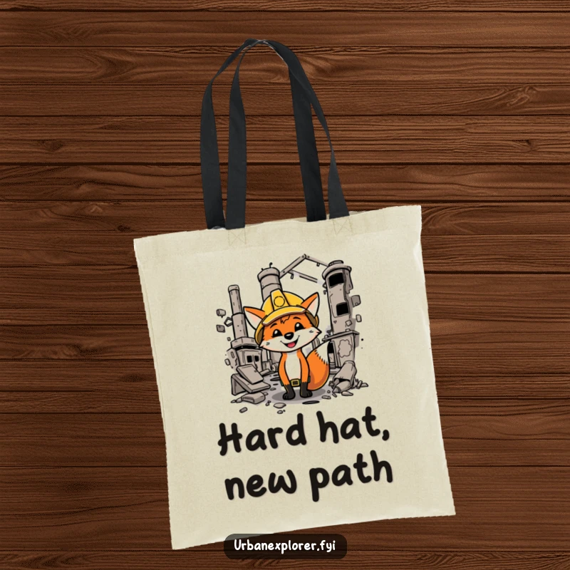 Funny fox in a hard hat carries a tote bag, exploring a dilapidated factory with a humorous expression.