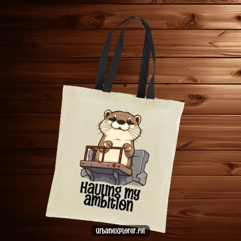 Funny determined otter scaling a rusty fire escape, on a reusable tote bag.
