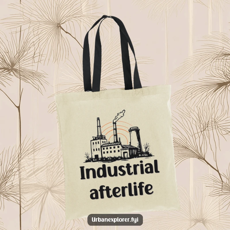 Funny factory tote bag, abandoned sunset art, sketchy outline, reusable shopping bag, humorous gift for artist.