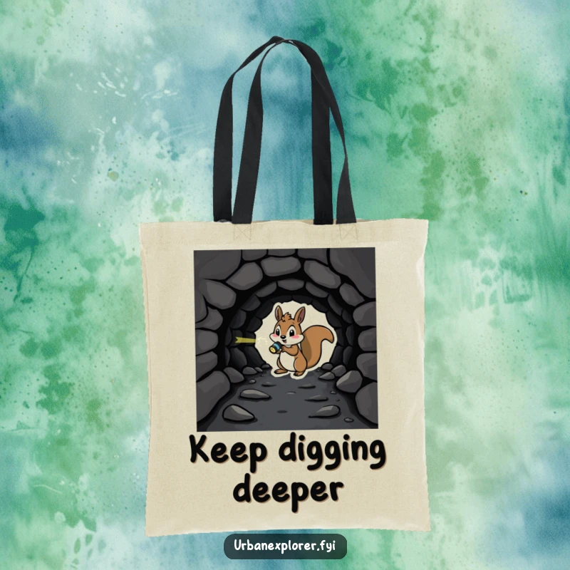 Playful squirrel with a flashlight in front of a dark tunnel carries a humorous tote bag.