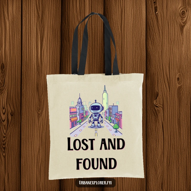 Funny robot tote bag, pixelated city, lost bot, reusable bag, humorous gift for tech lover.