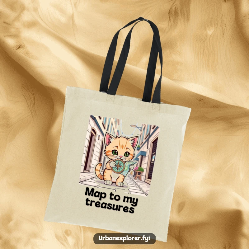 Funny Kitten Alley Map Tote Bag: Kitten with compass on city map, combining urban exploration and humor, excellent funny gift.