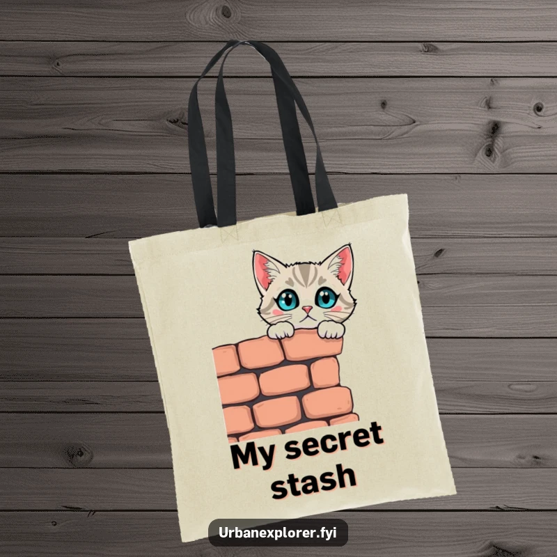 Funny curious cat peeking over a crumbling brick wall on a humorous and durable tote bag, great for daily use.