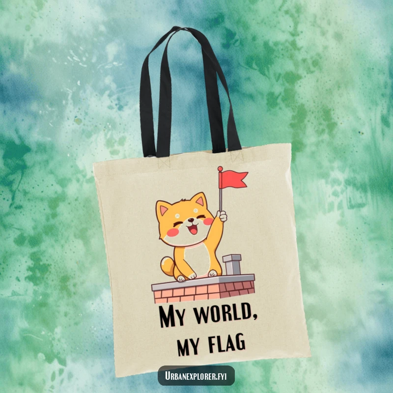 Funny Shiba Inu tote bag featuring a delighted dog planting a flag on a rooftop, celebrating a big win.