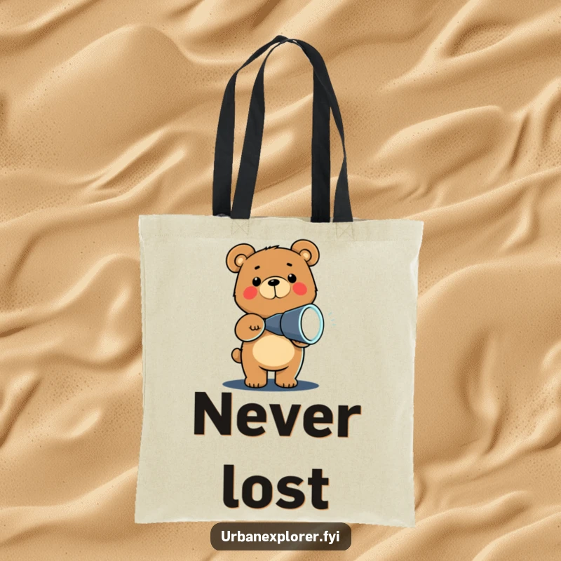 Funny Chibi bear with a flashlight exploring the dark, printed on a sturdy tote bag, ideal for everyday use and humor.