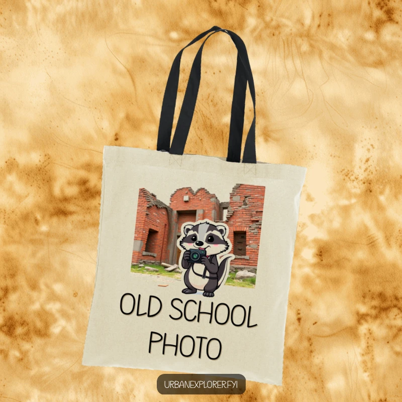Comical badger holding a camera in front of a crumbling brick building, carrying a humorous tote bag.