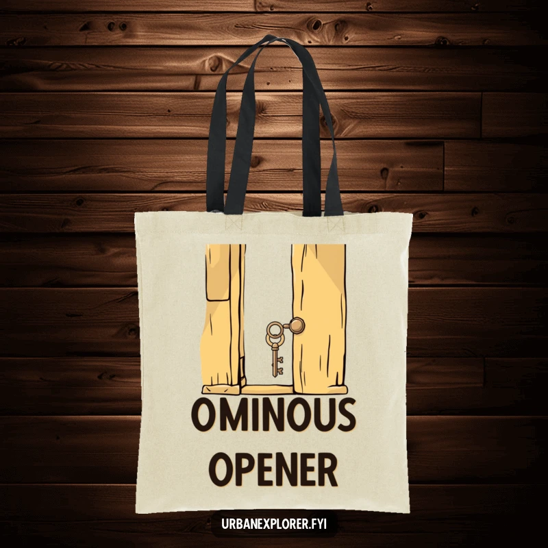 Funny whimsical key interacting with an old, creaky door on a tote bag, perfect for carrying essentials with humor.
