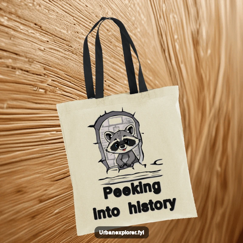 Funny raccoon peers through a broken warehouse window, carrying a humorous tote bag.