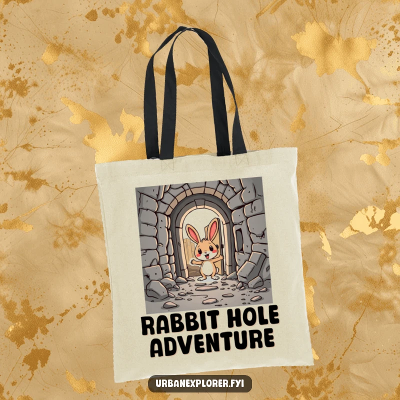 Funny Rabbit Tote Bag: A silly cartoon rabbit with a backpack, pointing towards a hidden doorway in an abandoned city.