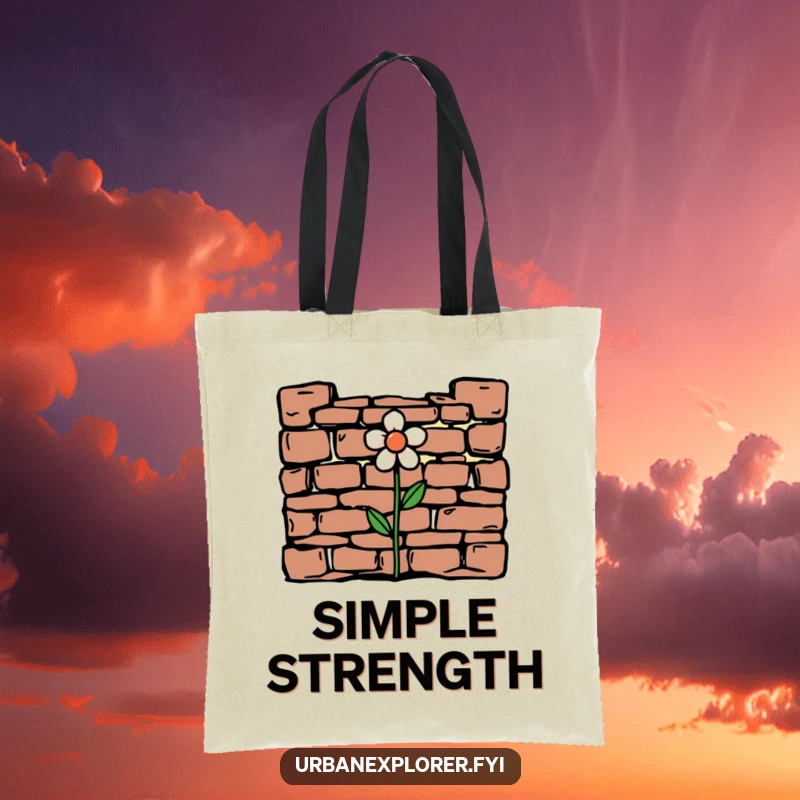 Funny minimalist drawing of crumbling brickwork with a flower growing through it on a tote bag, symbolizing hope.