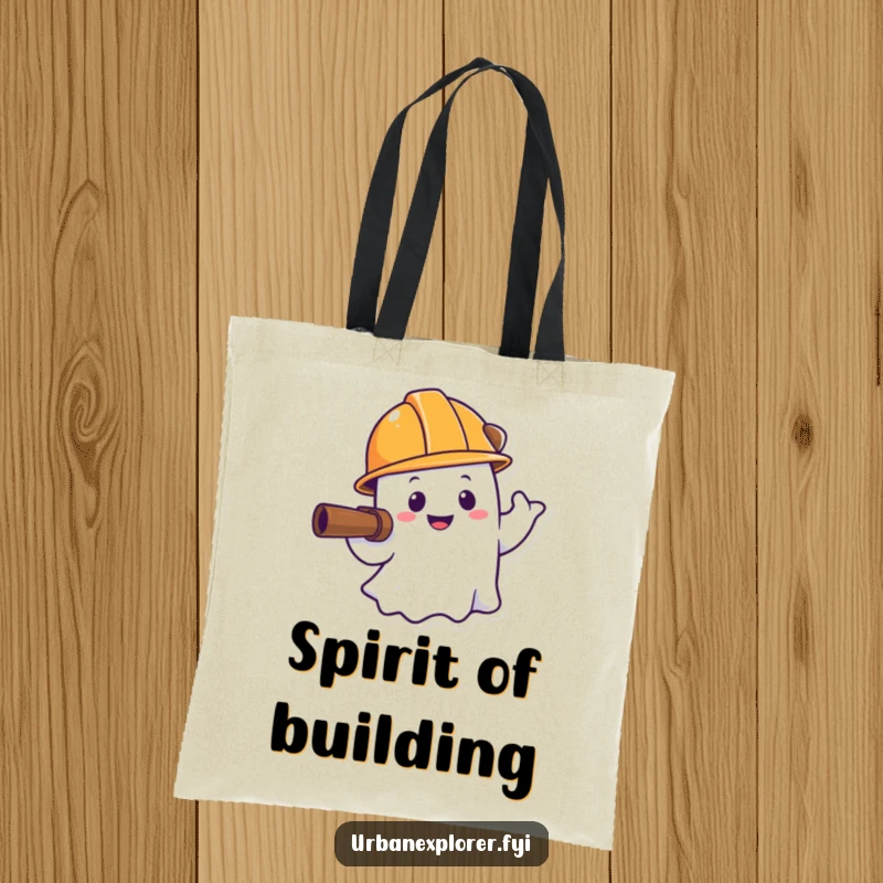 Funny ghost tote bag, hard hat explorer, smiling spirit, reusable bag, humorous shopping gift.
