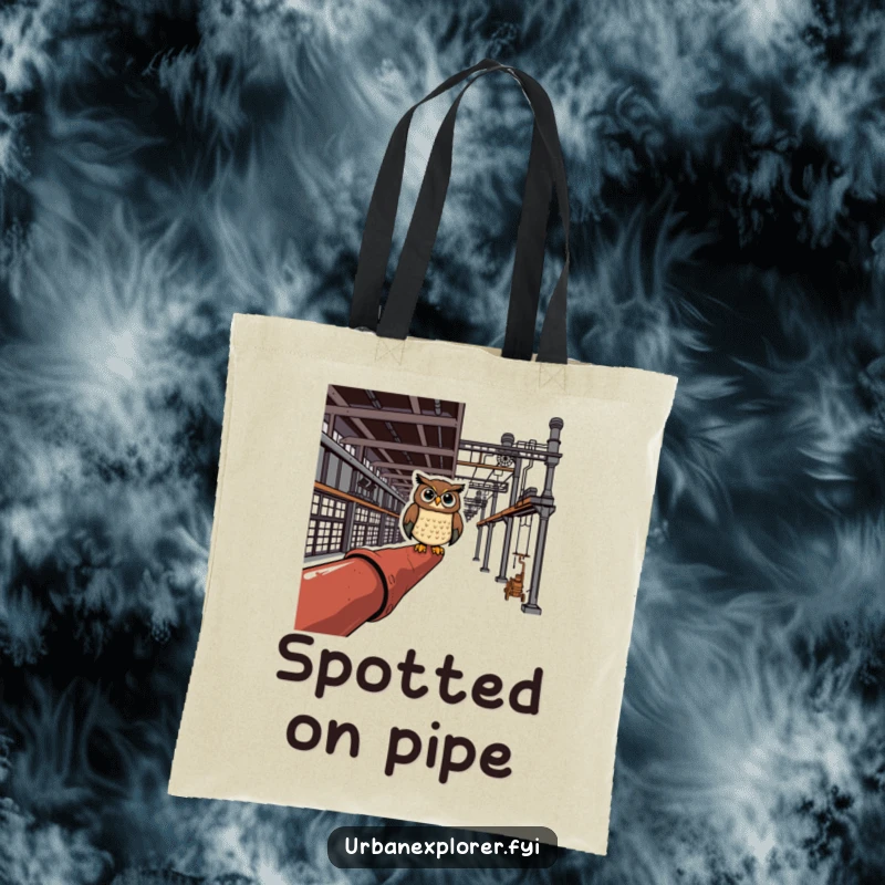 Cheerful owl perched on a rusty pipe in an industrial complex carries a humorous tote bag.