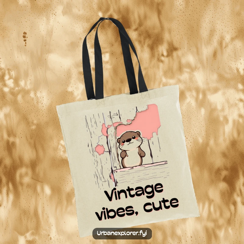Funny Otter Tote Bag: A cute cartoon otter carrying art supplies, set against a backdrop of peeling paint on a vintage structure.