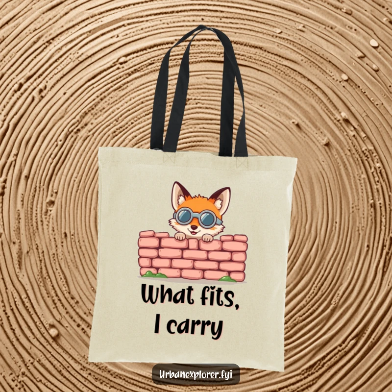 Funny fox tote bag, a round fox in goggles gleefully peeking from behind a crumbling brick wall, a practical accessory.
