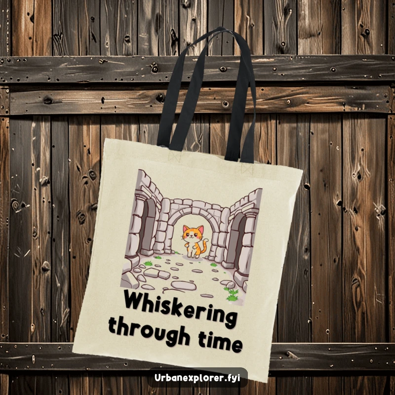 Funny Cat Tote Bag: A lighthearted cartoon cat carrying a bag, exploring the ruins of a historical place.